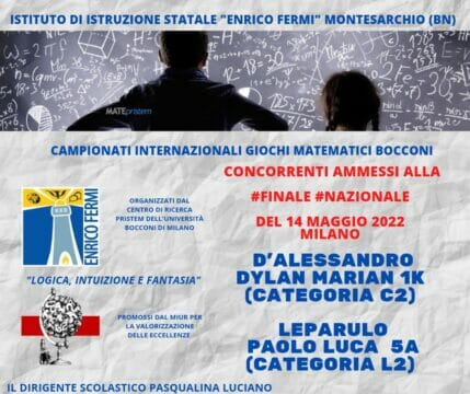 Montesarchio: due allievi del Fermi alla finale nazionale dei giochi internazionali matematici